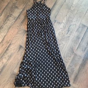 Black w/ white print jersey knit maxi dress